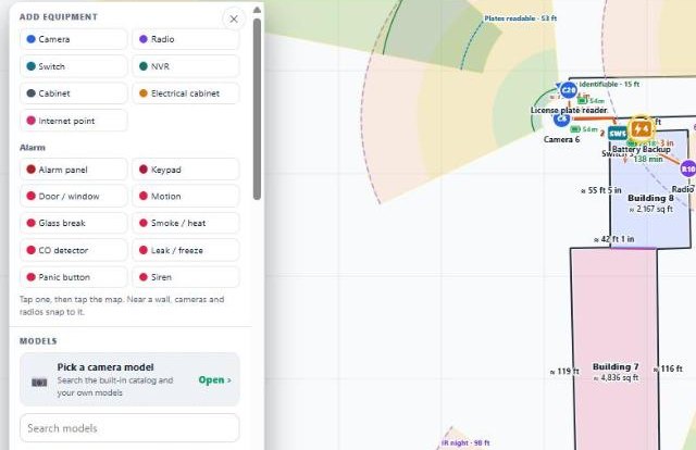 The Add menu in FieldStacker's CCTV designer: camera, radio, switch, NVR, cabinet, electrical cabinet and internet point, alarm devices, and the camera model picker