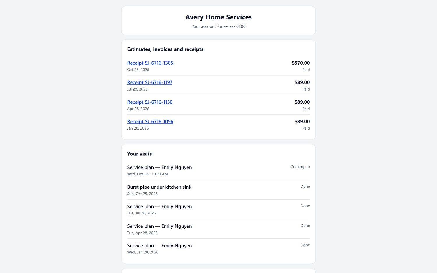 A homeowner's customer portal from FieldStacker listing paid receipts and a Your visits list of past and upcoming jobs
