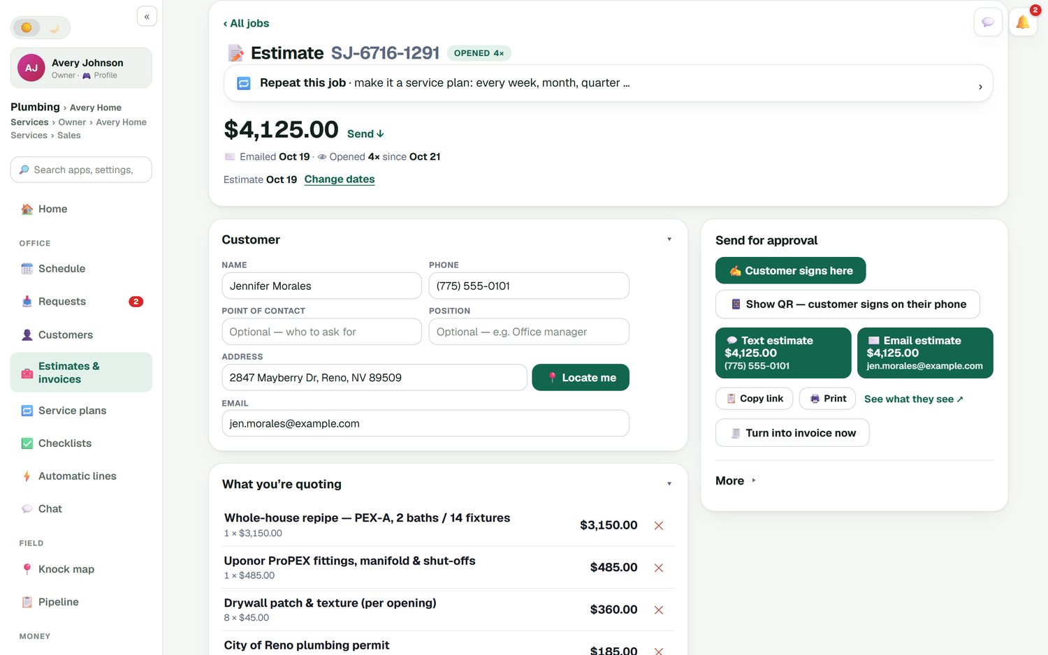 A $4,125 plumbing estimate in FieldStacker for a whole-house repipe, with send for approval options: customer signs here, show QR code, text or email the estimate, and turn into invoice now