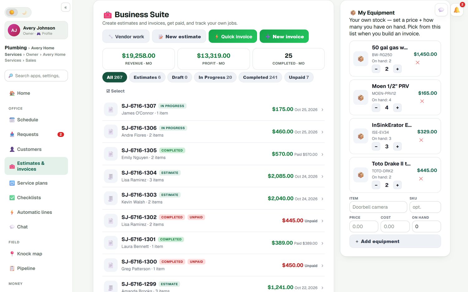 The FieldStacker estimates and invoices list with open estimates, jobs in progress and unpaid invoices, beside the owner's own equipment list where each item has a price, a part number and the count on hand