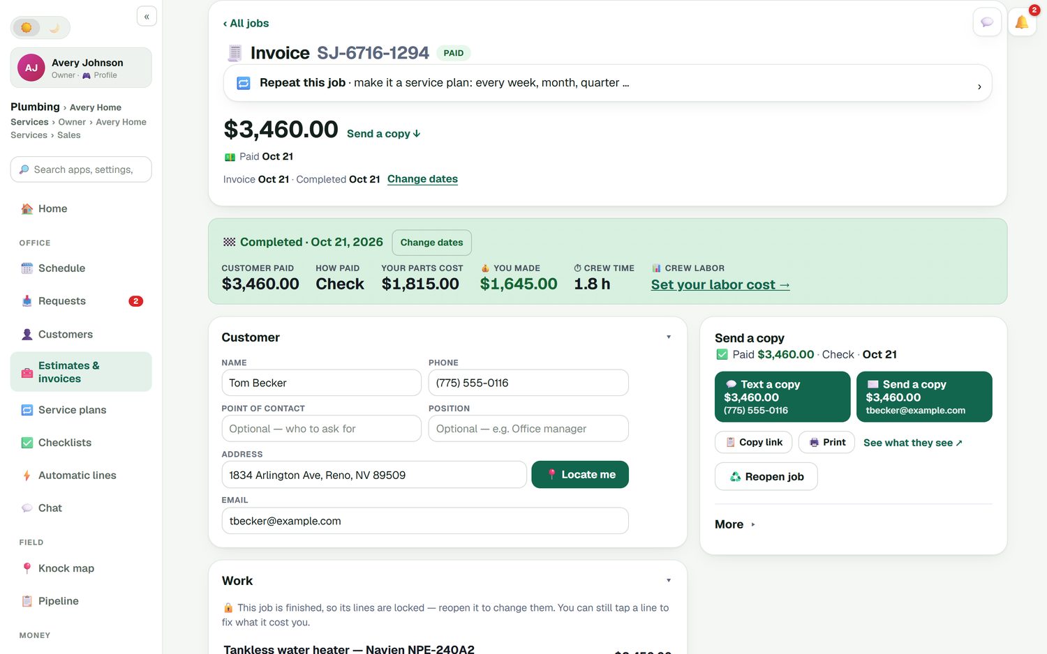 A paid plumbing invoice in FieldStacker for a tankless water heater job, showing customer paid $3,460, parts cost $1,815, you made $1,645 and 1.8 hours of crew time