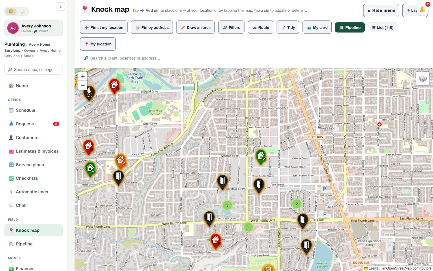 A home service company's knock map in FieldStacker with color-coded door and house pins across Reno streets, and tools to draw an area, filter, route and open the pipeline