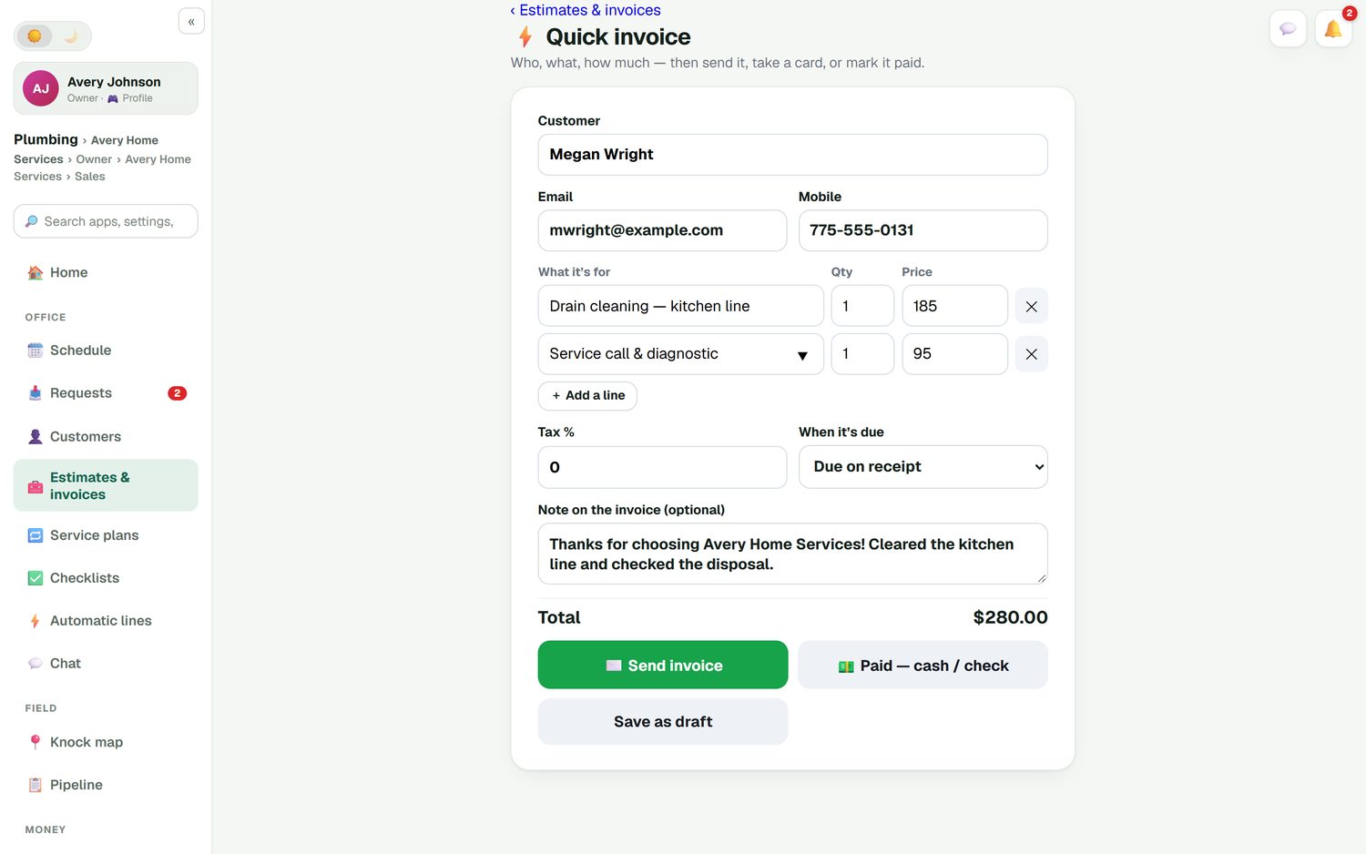 The FieldStacker quick invoice screen: customer, two priced lines, tax, due date, a note and buttons to send the invoice or mark it paid by cash or check