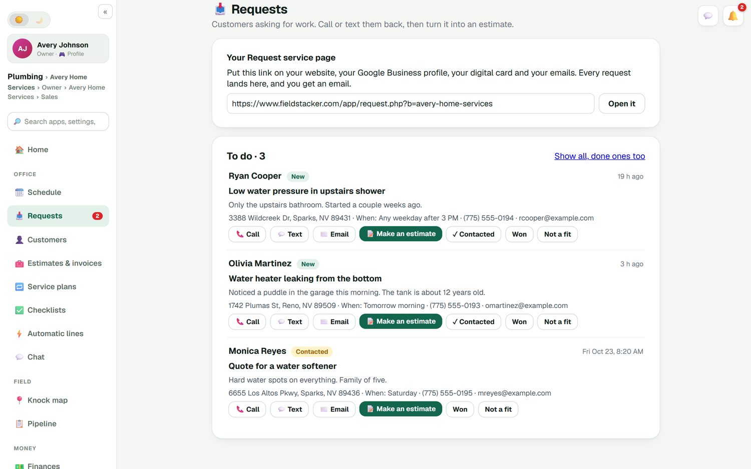 The FieldStacker Requests inbox with three new customer requests, including a water heater leaking from the bottom, each with the address, when the customer is free, and Call, Text and Make an estimate buttons