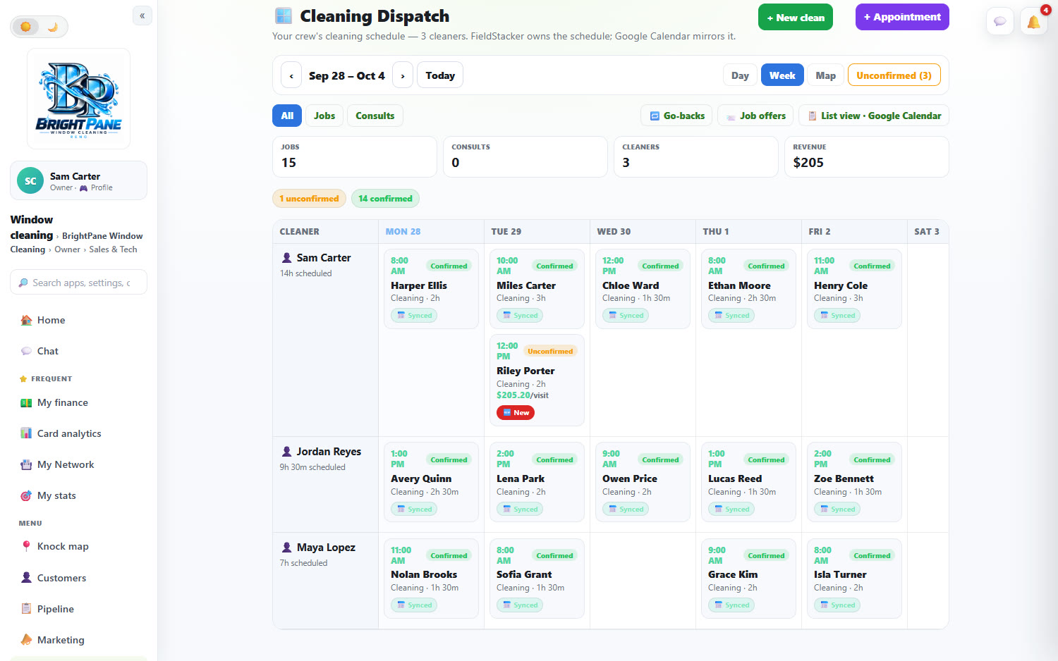 The FieldStacker dispatch board: a week of cleaning jobs laid out by cleaner and day, each card with its time and how long it takes