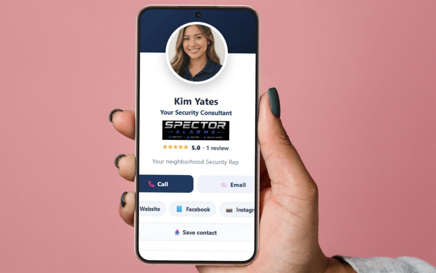 A FieldStacker rep's digital business card on a phone — headshot, star rating, and Call, Email, Website and Save-contact buttons