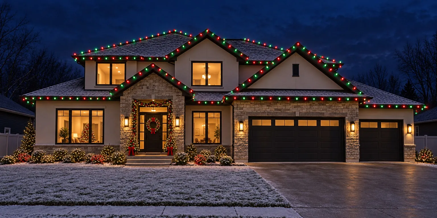 A photo-real AI picture made in FieldStacker: a two-storey house on a snowy Christmas night with red and green bulbs along every roofline, a wreath on the front door and lit trees by the porch