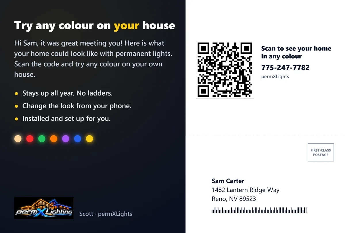 Postcard back with a personal note, a QR code and the mailing address