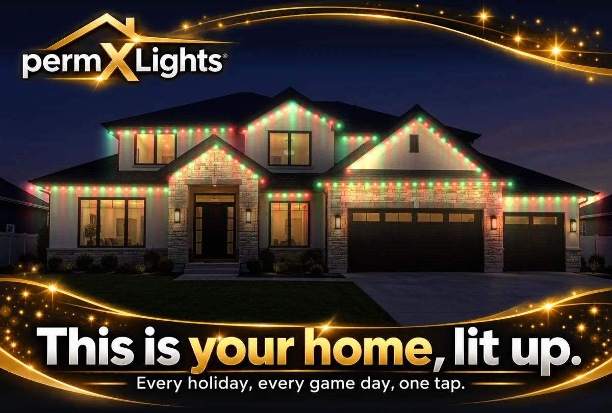 Postcard front: a house at night with red and green permanent lights, the permXLights logo and the words This is your home, lit up