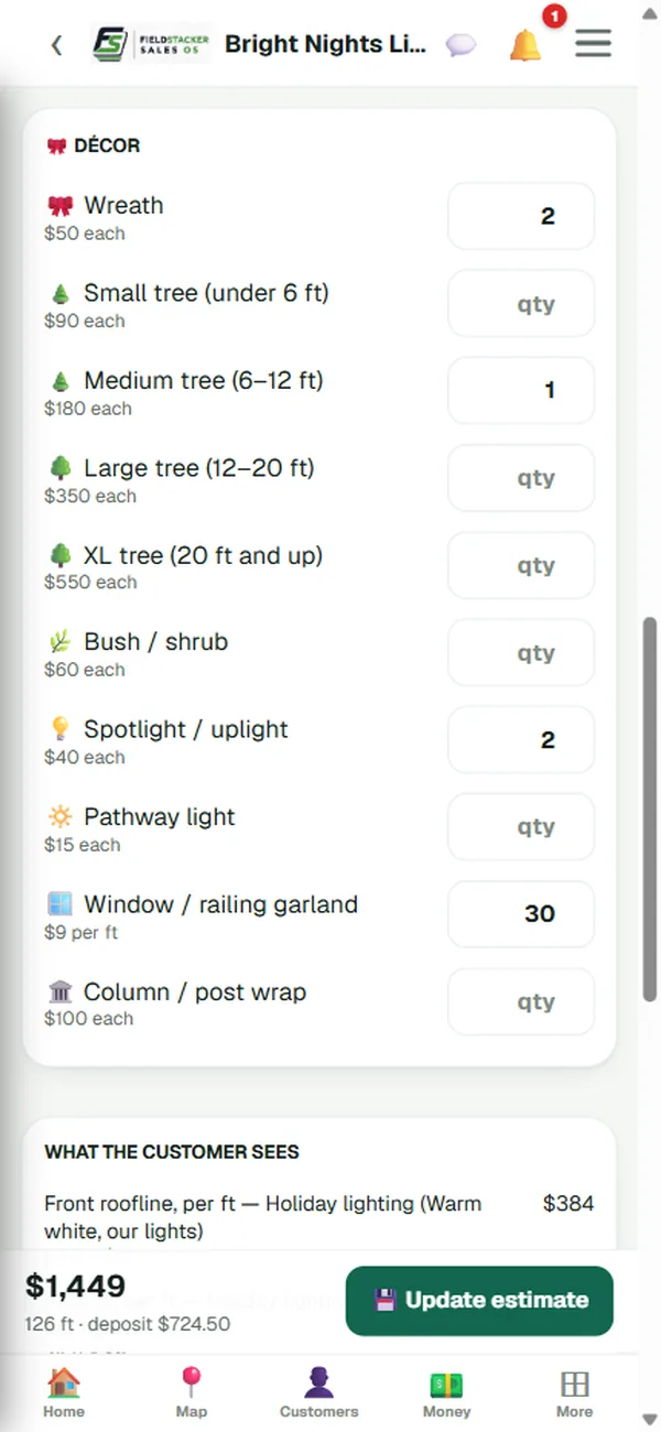 The Décor list on a quote: wreaths, small to XL trees, bushes, spotlights, pathway lights, garland per foot and column wraps