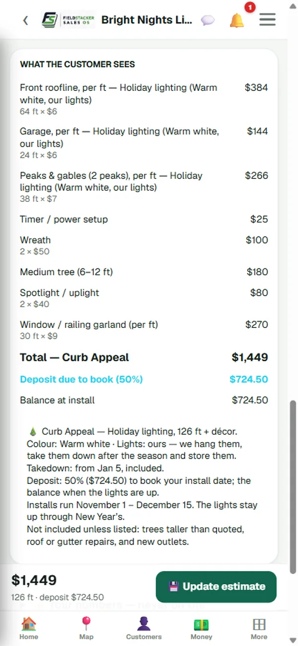 What the customer sees: each roofline section by the foot with the lights included, a timer, a wreath, a tree, spotlights and garland, the total, the 50% deposit and the terms