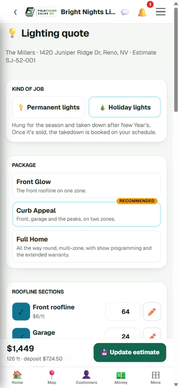 The lighting quote with Permanent lights and Holiday lights to pick from, and the Front Glow, Curb Appeal and Full Home packages