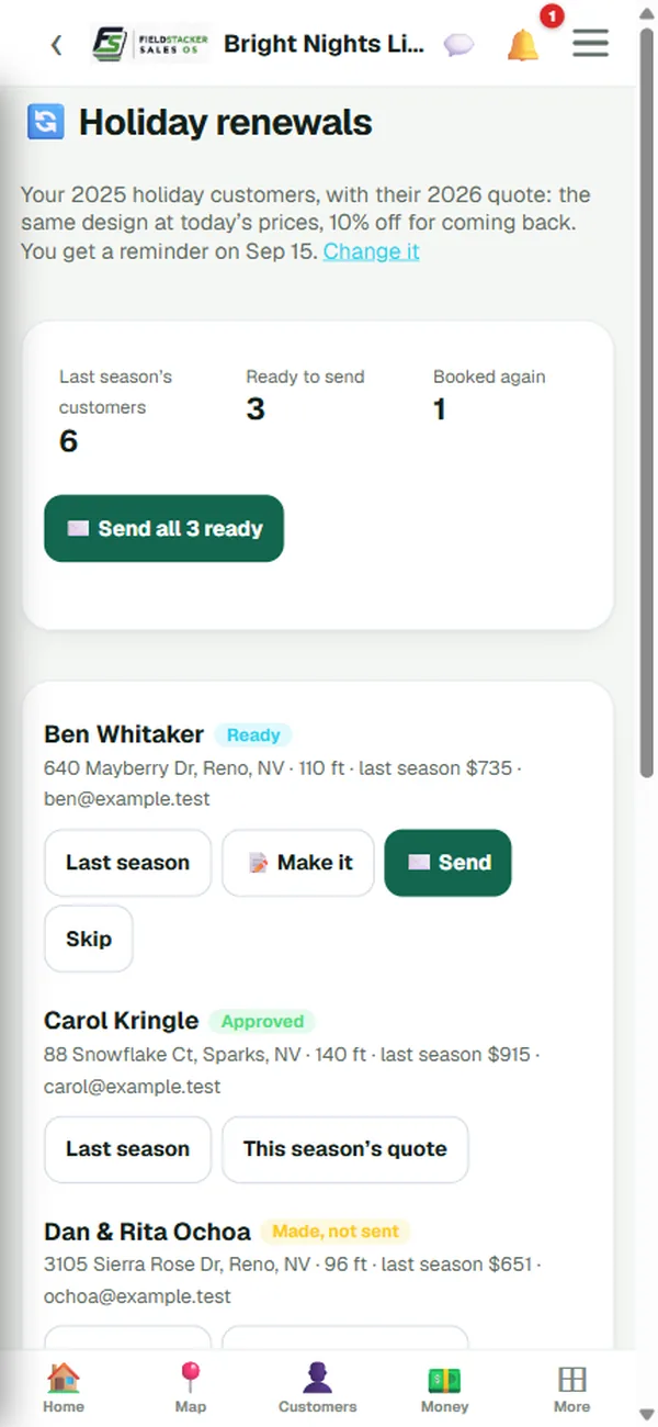 Holiday renewals: last season&rsquo;s customers, how many are ready to send, how many booked again, and Send all