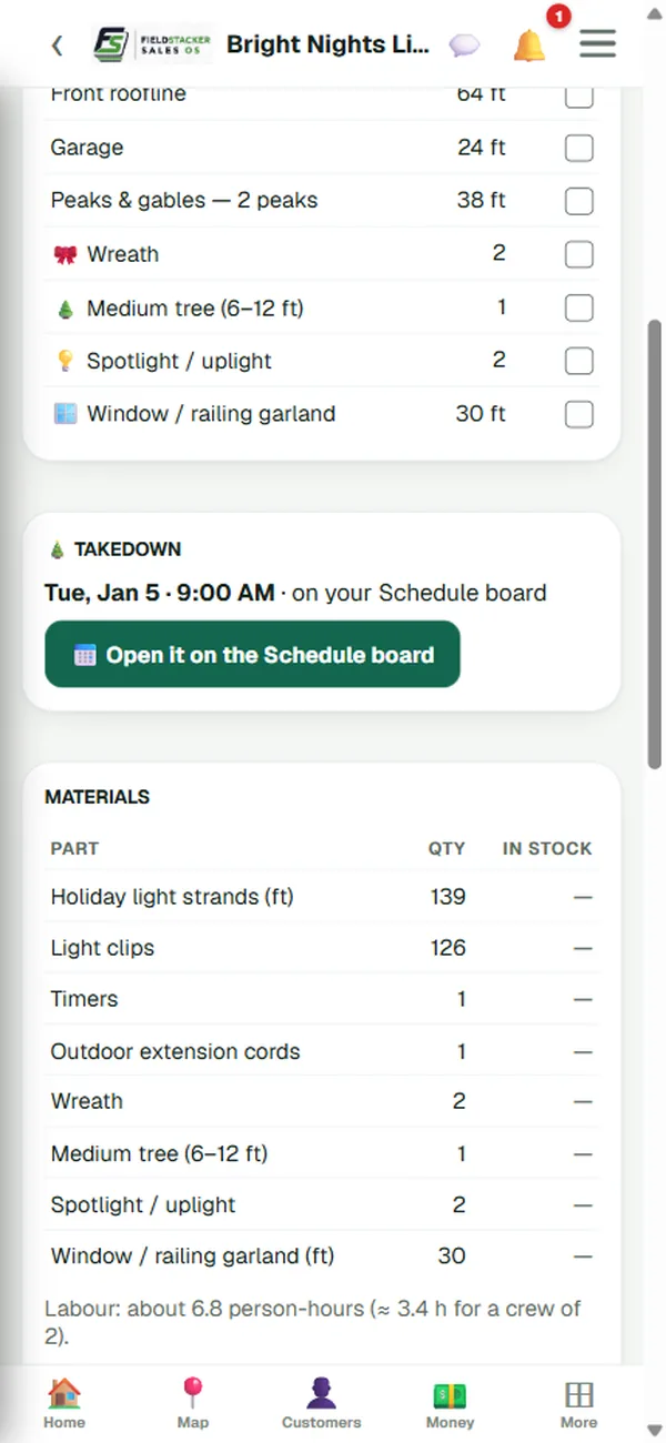 The install sheet for a holiday job with the takedown booked for Tuesday, January 5 at 9 AM, and the materials list: strands, clips, timers, cords and the décor