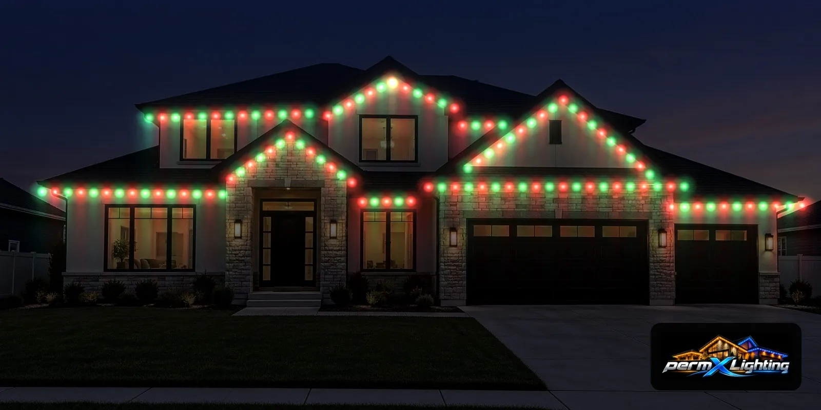 The same house at night with red and green permanent lights along every roofline