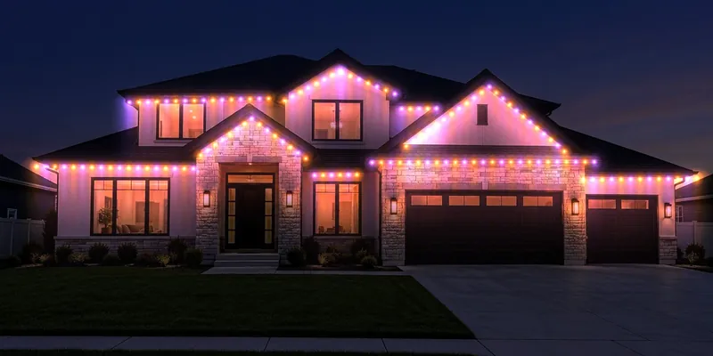 House in orange and purple Halloween lights