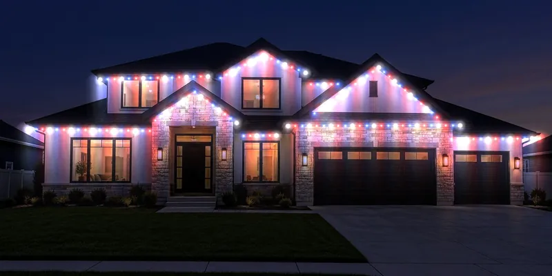 House in red, white and blue lights