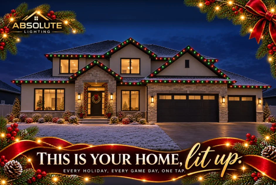 A lit-up postcard front designed in FieldStacker for a sample lighting company: a house at night with red and green roofline lights, pine garland and a red bow framing it, and the line This is your home, lit up