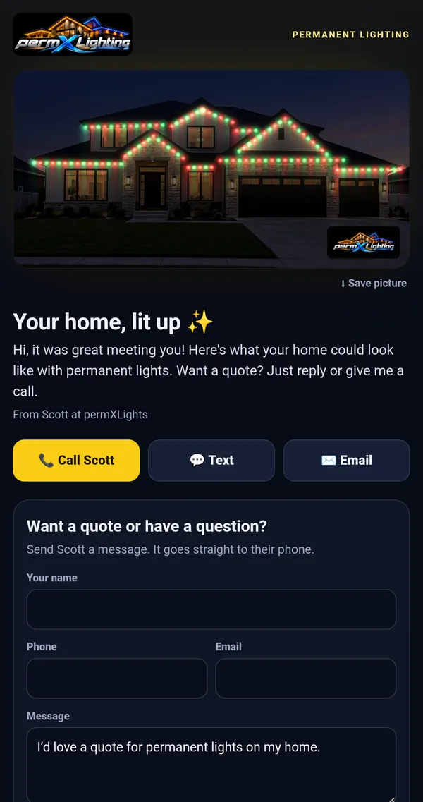 The homeowner page with their lit-up house, Call, Text and Email buttons and a message form