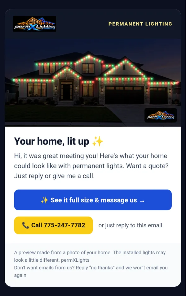 The postcard email showing the lit-up house and a button to open it