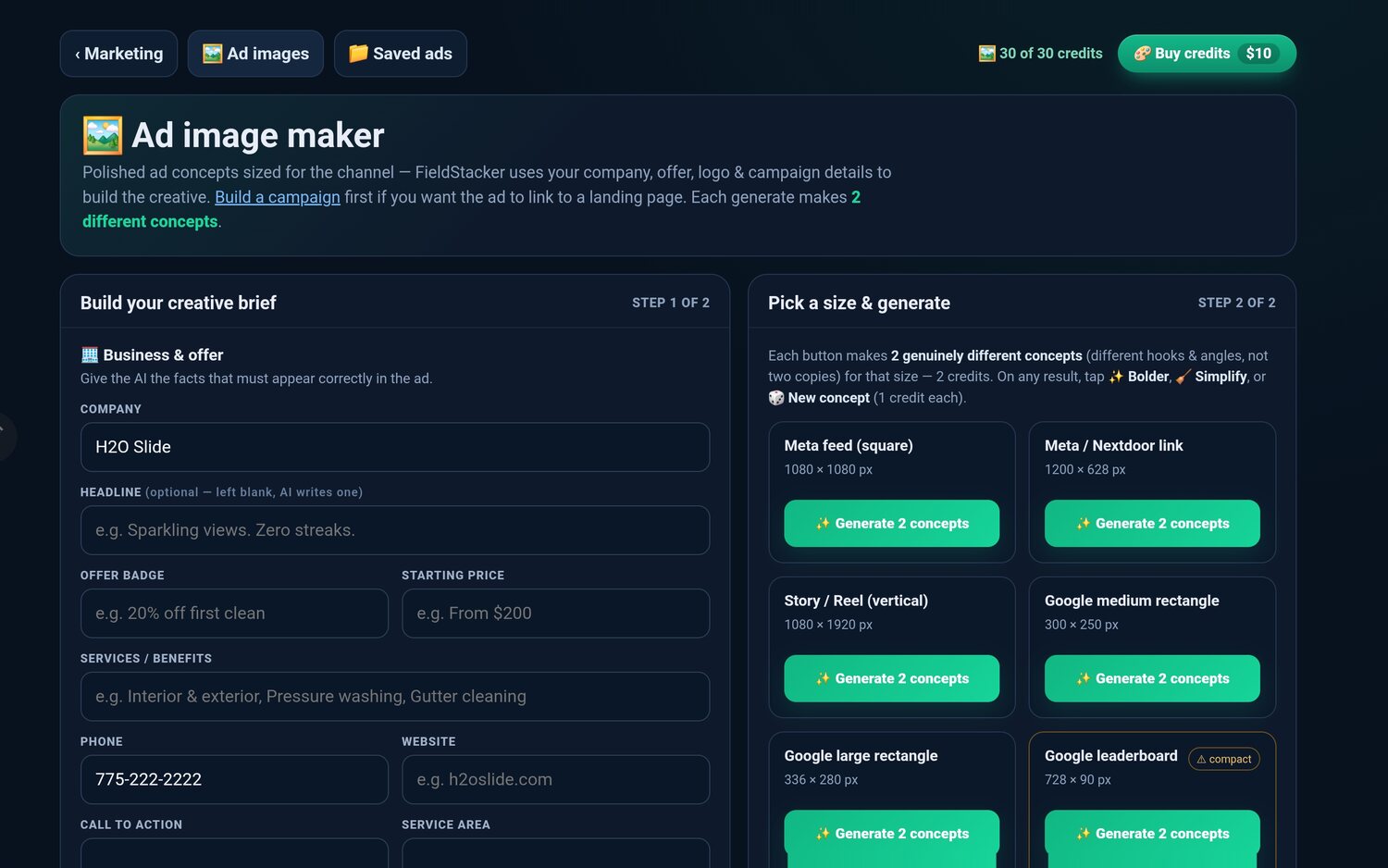 The FieldStacker ad image maker — a creative brief with company, offer badge, services, phone and service area on the left, and ad sizes for Meta feed, story, and Google display on the right