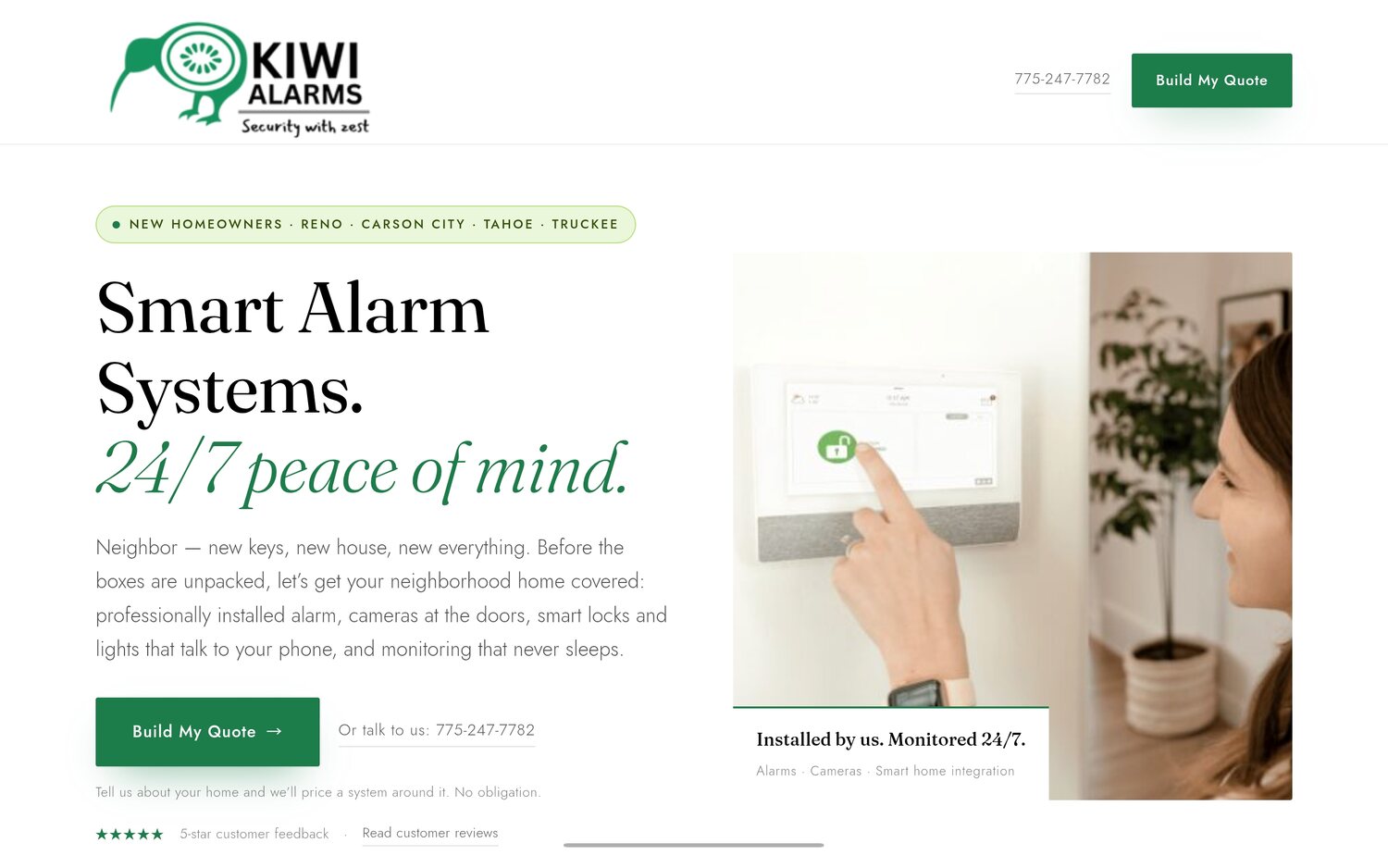 A published FieldStacker campaign landing page for an alarm company, with its logo, a local service-area badge, headline, hero photo and a build-my-quote call to action