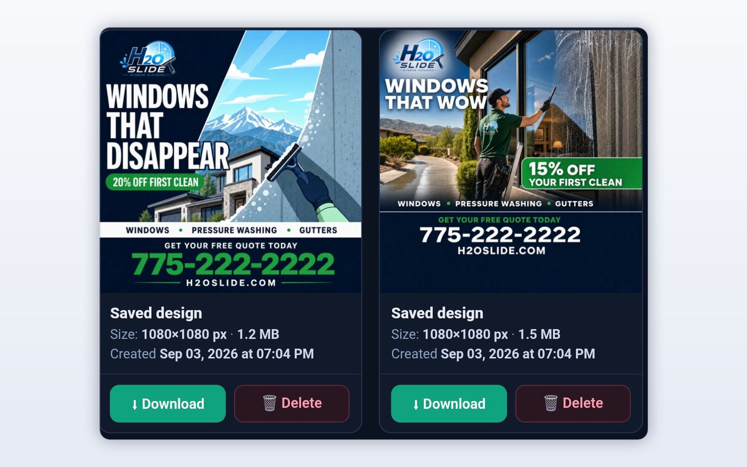 Two saved FieldStacker ad designs for a window cleaning company — Windows That Disappear and Windows That Wow — each with the company logo, a first-clean discount badge, services and phone number