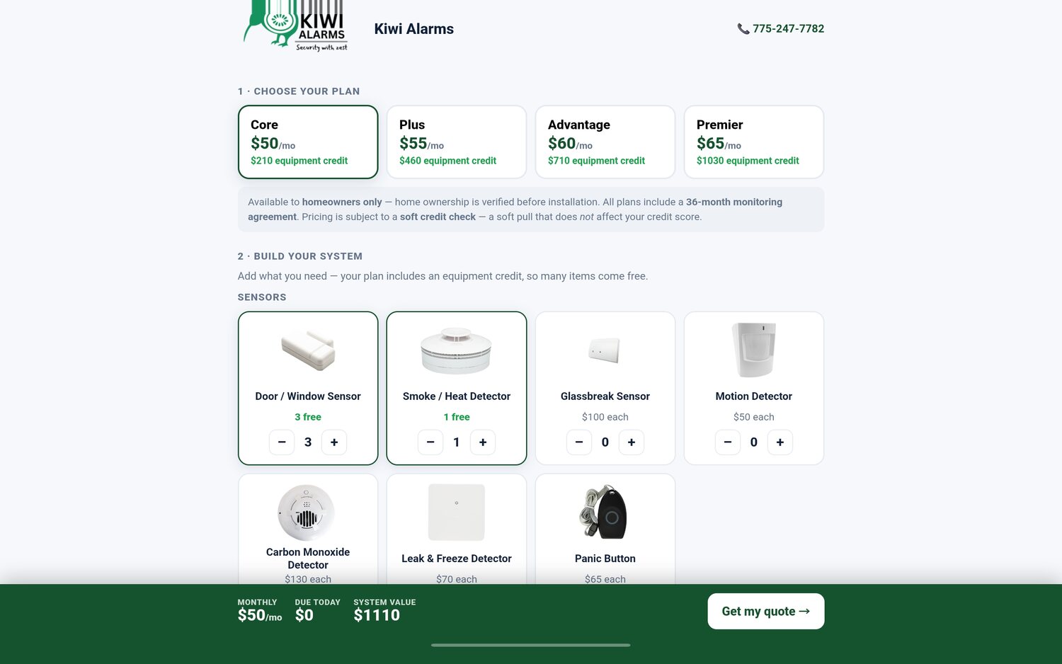 A customer-facing FieldStacker quote builder on a company landing page, with plan tiers, equipment options counted up, and a running monthly and due-today total pinned to the bottom