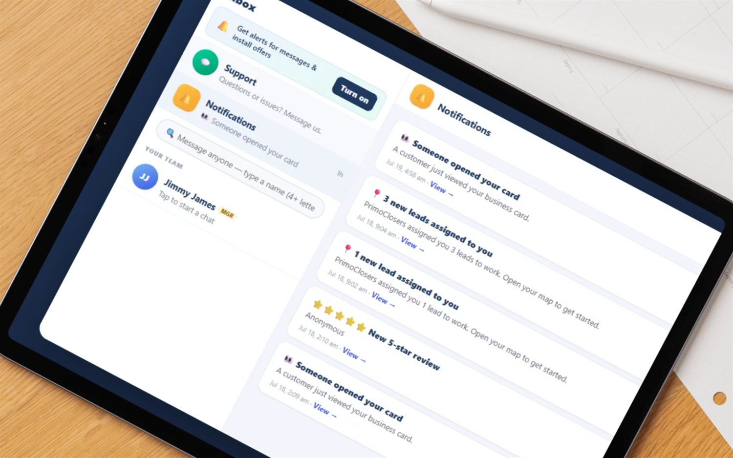 FieldStacker in-app inbox and notification feed — the same feed a new-recruit alert lands in, with a link back to the Recruiting page