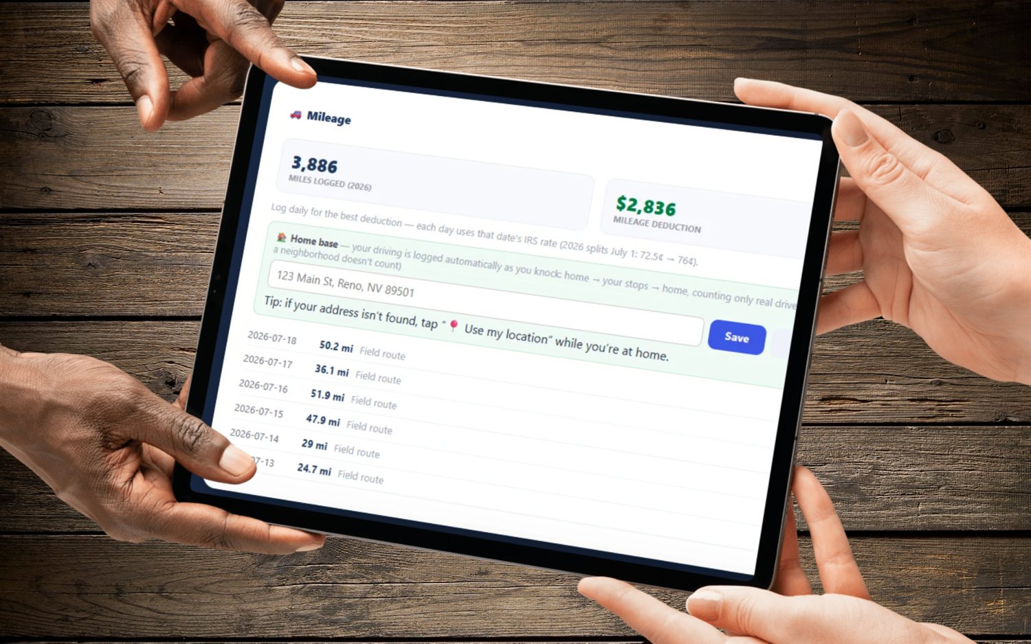 FieldStacker automatic mileage tracking logged at the IRS rate