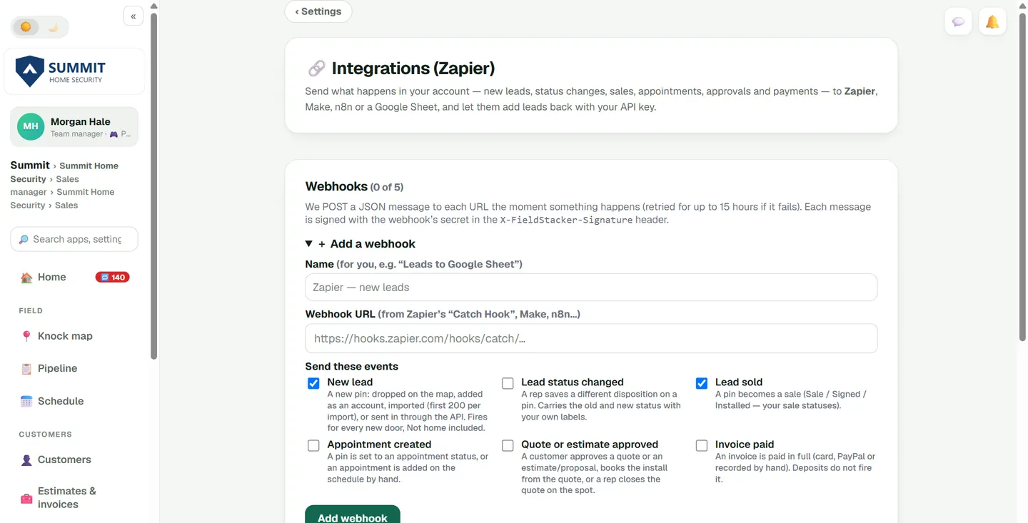 Integrations page for adding a webhook and choosing events