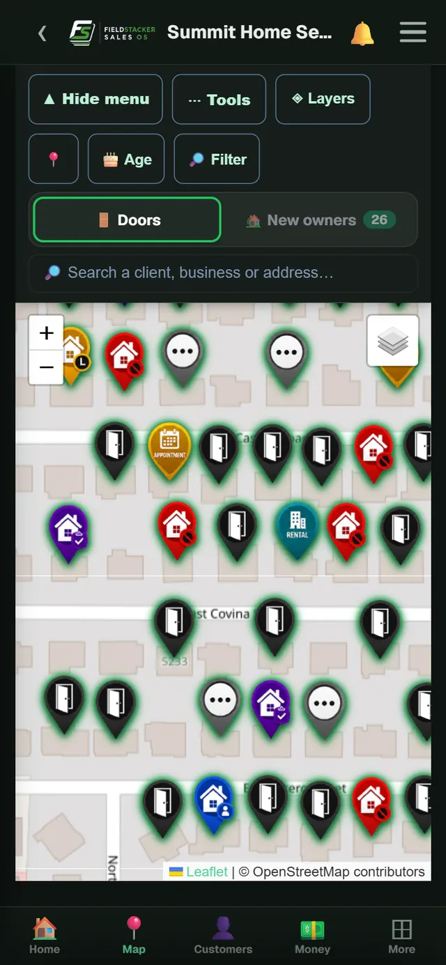 Knock map with dispositions pinned on each house