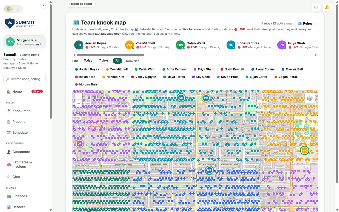 Team knock map with each rep's pins in their own colour and live rep markers