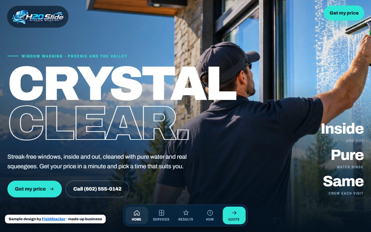 Sample website design for H2O Slide Window Washing, a made-up business