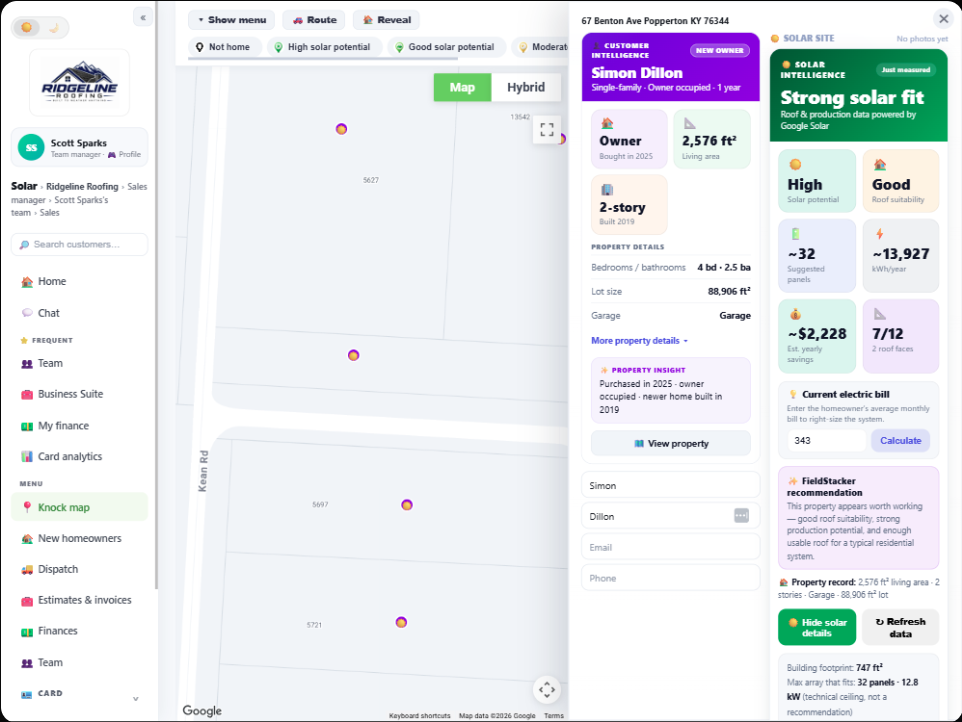 FieldStacker Solar Site panel on desktop: a Strong solar fit badge, High solar potential and Good roof suitability, about 32 suggested panels, ~13,927 kWh per year, ~$2,228 estimated yearly savings, an electric-bill input, and the owner's Customer Intelligence card