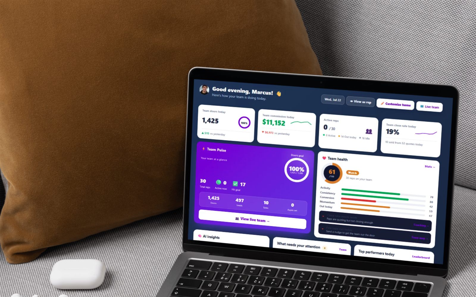 FieldStacker Team Manager home with Team Health score, flagged reps and AI insights