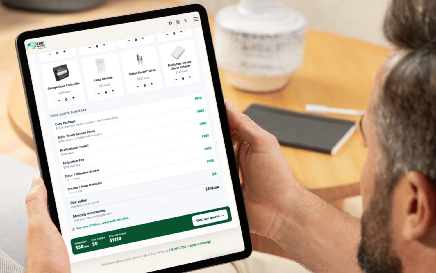 A FieldStacker quote builder embedded on a business's own website, letting a customer build their own quote and see a live price on a tablet