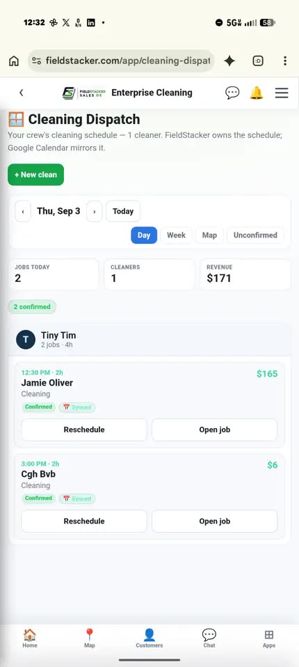 The FieldStacker dispatch Day view on a phone: one tech's two jobs for the day, each marked confirmed and synced to Google Calendar, with Reschedule and Open job buttons