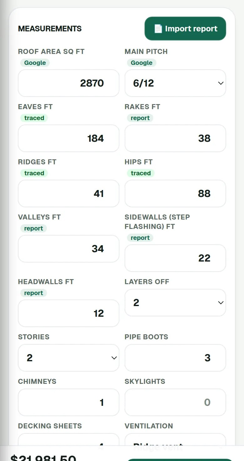 The FieldStacker roof measurements card on a phone with an Import report button: roof area and main pitch tagged Google, eaves, ridges and hips tagged traced, rakes, valleys, step flashing and headwalls tagged report, plus layers off, stories, pipe boots, chimneys, skylights and decking sheets