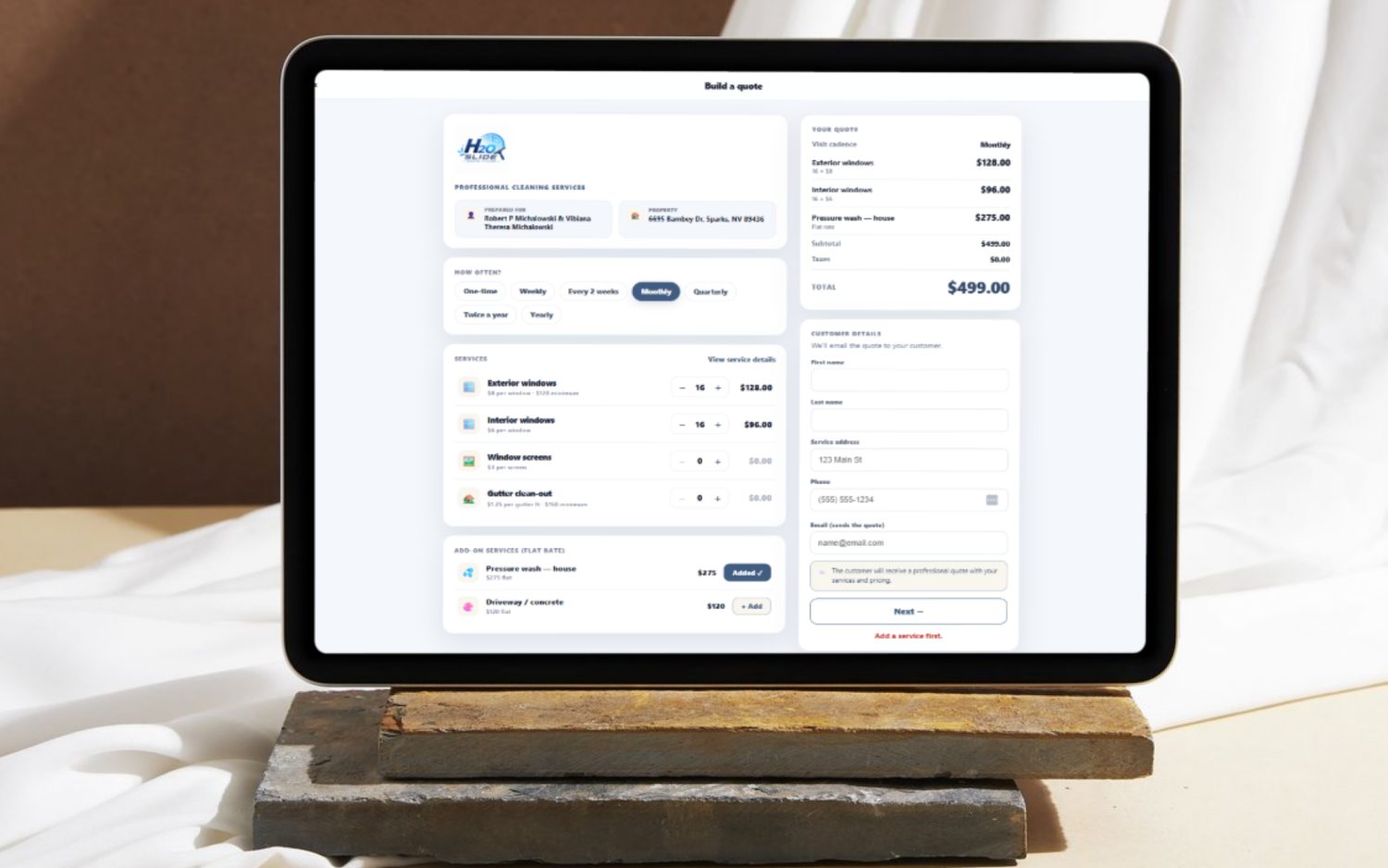 FieldStacker window-cleaning quote builder pricing exterior and interior windows per pane with pressure-wash and gutter add-ons and a live total, ready to email the customer